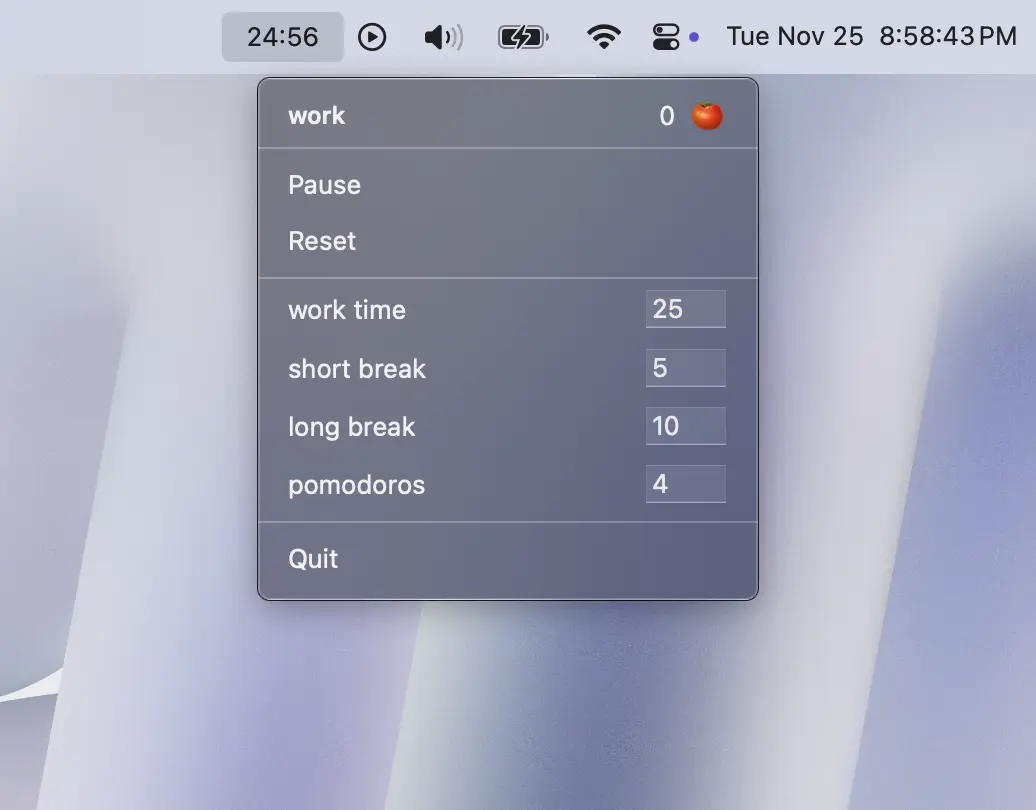 macOS menu bar showing a 24:56 countdown with a dropdown of timer settings
