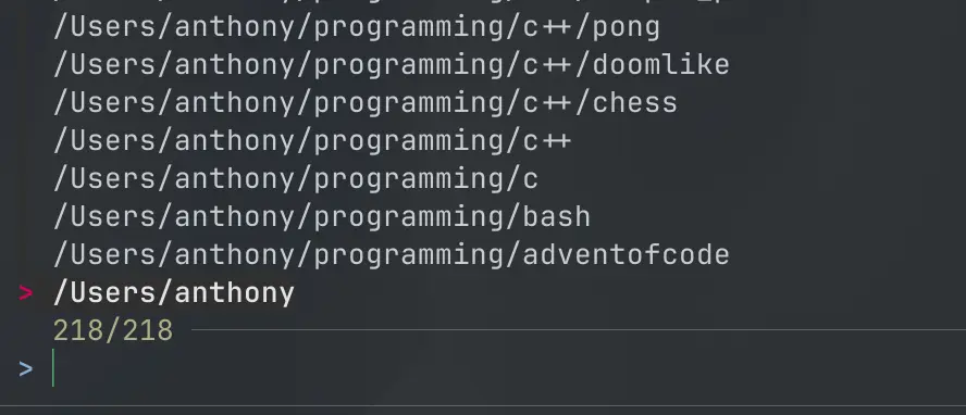 Terminal showing Session's fuzzy finder listing project directories